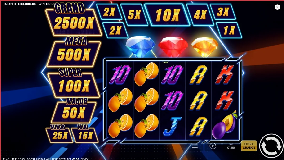 Interface do slot Triple Cash Boost com símbolos neon e diamantes brilhantes.