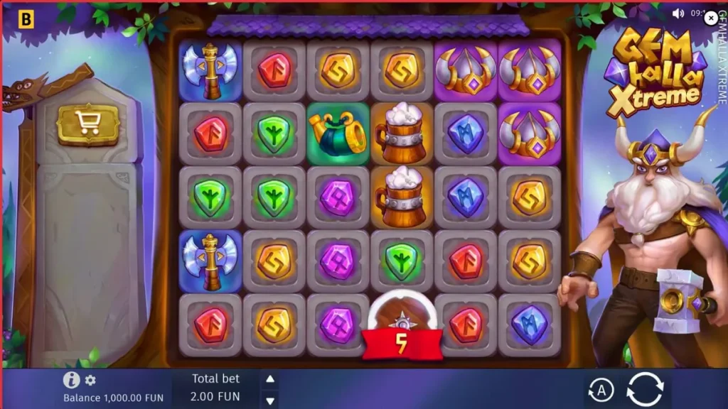Thor segurando o martelo Mjolnir em um cenário nórdico épico no slot Gemhalla Xtreme