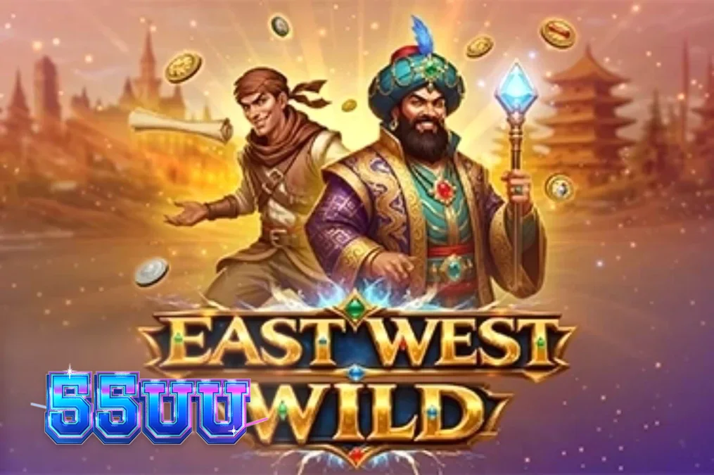 Interface do slot East West Wild com símbolos orientais e dourados